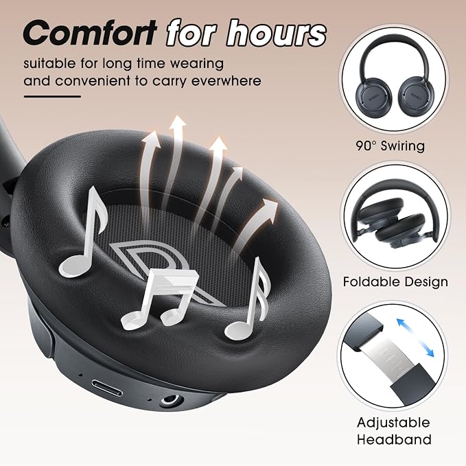 BERIBES Hybrid Active Noise Cancelling Headphones Wireless Over Ear 70Hours | Foldable Bluetooth 6.0,Transparent Modes,3.5MM Cable,Lightweight Built-in Mic,HiFi Stereo Deep Bass,Soft-Earpad,Fast Charging - Image 2