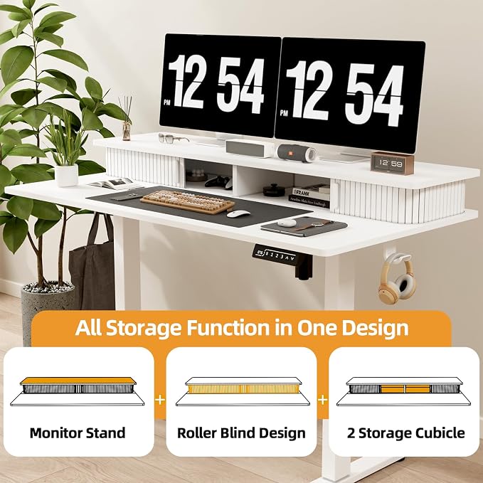 JOY worker 48" Electric Adjustable Standing Desk with Storage Monitor Stand | White Computer Desk Height Adjustable with Storage Shelves, Spacious Woskstation, Sit Stand Desk with 2 Hooks, Home Office - Image 5