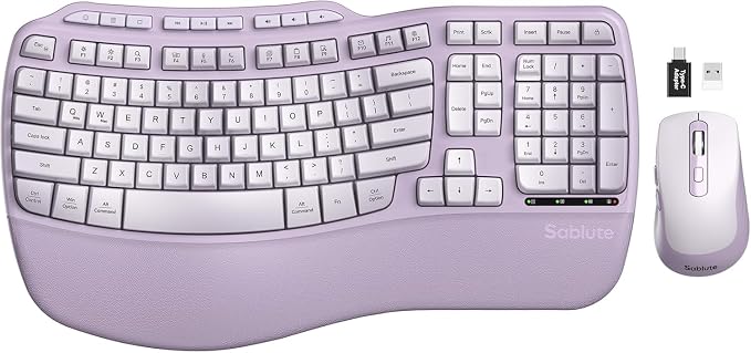 Purple Ergonomic Wireless Keyboard and Mouse Combo, Sablute 2.4G Full Size Ergo Wave Key Board with Cushioned Plam Rest, Natural Typing, 3 DPI Adjustable Silent Mouse for Computer/Laptop/Windows/Mac by SABLUTE