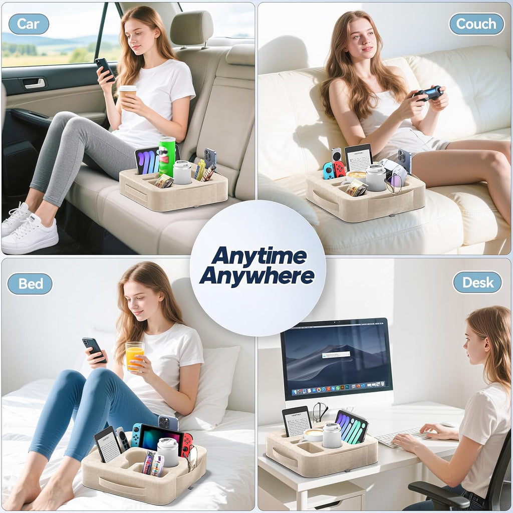 Couch Cup Holder Pillow, Sofa and Bed Caddy for iPad, Kindle, Switch, Game Controller, Remotes, Phones, Small-Sized Cup and Drink Holder for Couch, Bed, Desk, Car, Beach, Bathroom Cup Holder, Khaki - Image 7