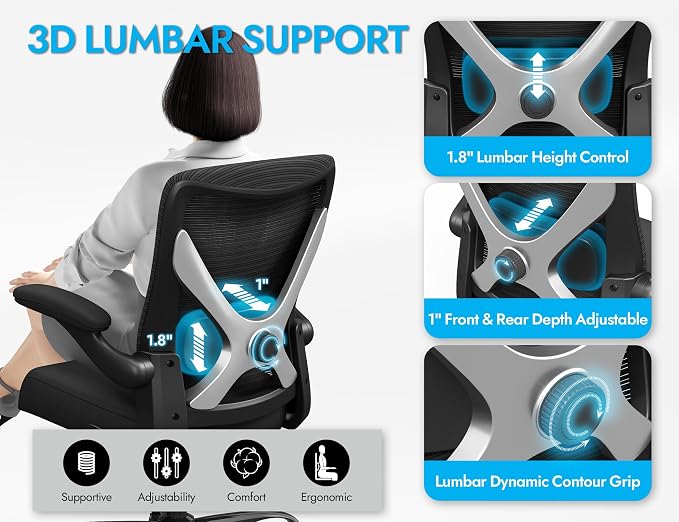 Office Chair: Mesh Ergonomic Desk Chair with 3D Lumbar & Swivel | 330LBS Computer Chair-Executive Task Chairs with Flip-up Arms Home Office Chairs Gaming Chair for Long Hours(Black-Pack of 8) - Image 4