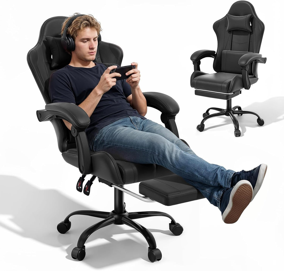 Gaming Chair, Footrest & Lumbar Support, Height Adjust, Black by MoNiBloom