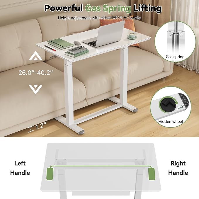 35inch Glass Standing Desk, Height Adjustable with Drawer | Pneumatic Rolling Laptop Desk on Hidden Wheels/Lockable Casters, White Portable Mobile Computer Workstation with Dual Column - Image 8