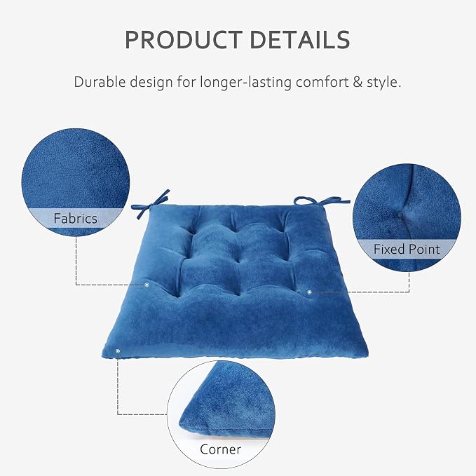 ELFJOY Set of 4 Square Chair Pads Indoor Seat Cushions Pillows with Ties Thick Soft Seat Cushion for Kitchen Dining Office Chair (18.8", Navy) - Image 4