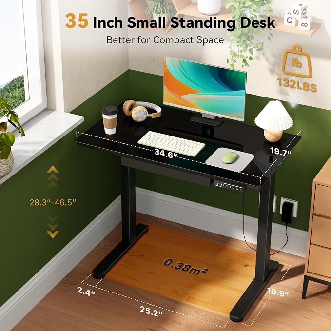 35” Black Glass Standing Desk Height Adjustable with Drawer | Electric One-Piece Rising Whiteboard Table on Lockable Wheels, Mobile Small Rolling Laptop Cart for Work, Drawing, Crafting - Image 2