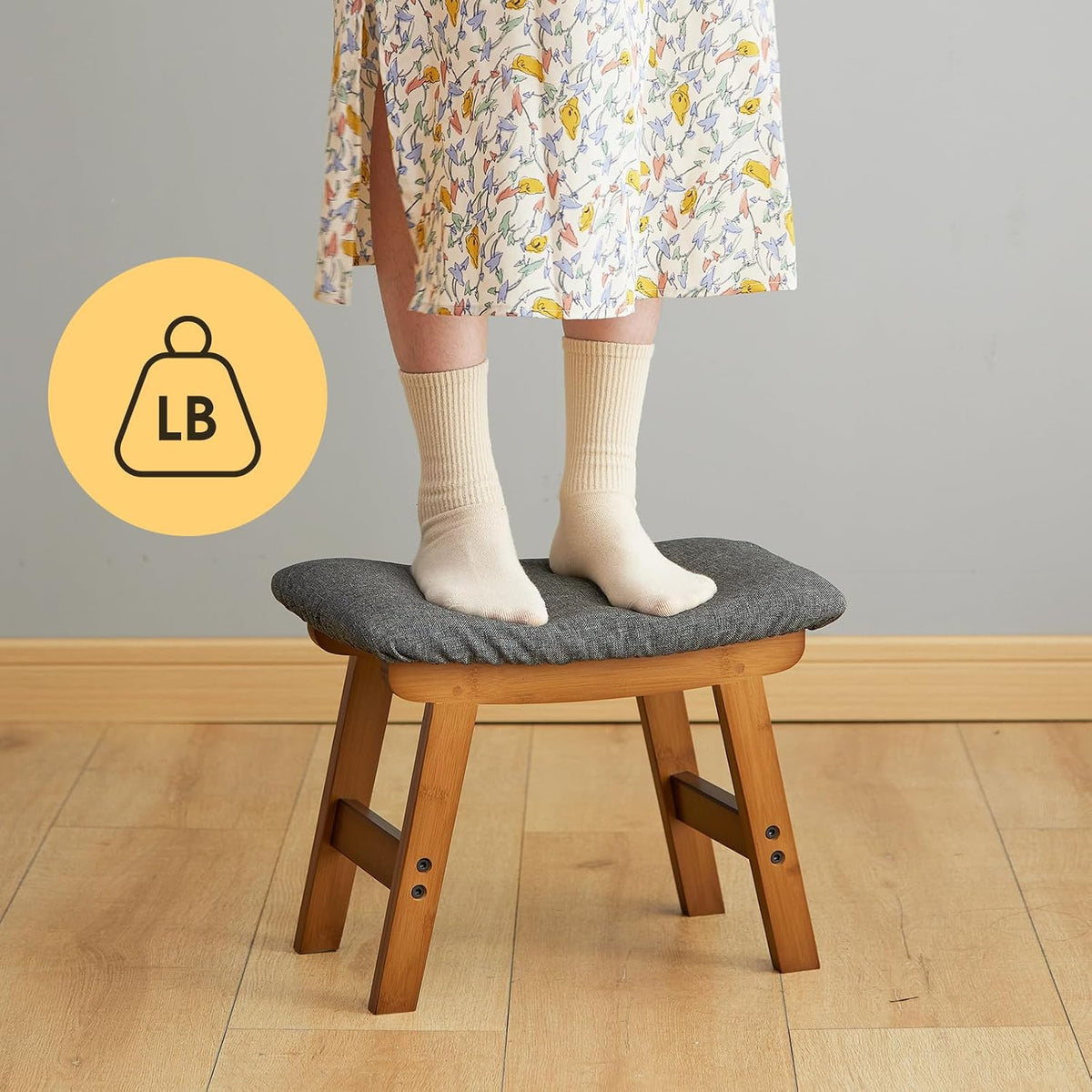 Foot Stool Ottoman Foot Rest Under Desk,Small Stool for Living Room, Bedroom and Kitchen (Brown Legs - Gray Stool Surface) - Image 4