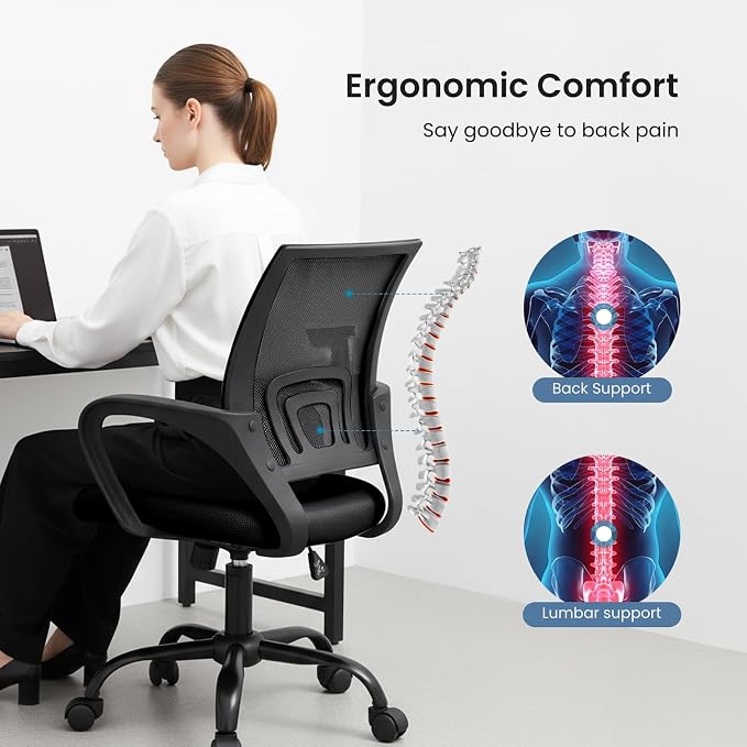 DUMOS Home Office Chair - Ergonomic Mid Back Mesh Desk Chair with Lumbar Support & Rocking Mode, Height Adjustable with Fixed Armrest, for Computer, Gaming, Meeting, 360° Swivel, Black - Image 4