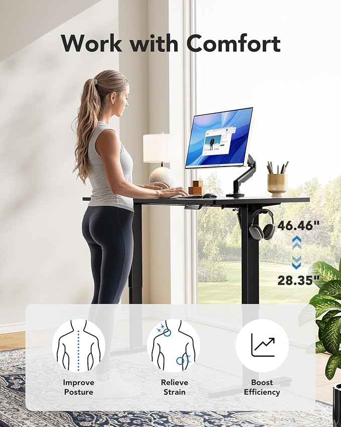 HUANUO Electric Standing Desk, Whole Piece Desktop, Adjustable Height Computer Desk, 4 Height Memory Settings, Sit Stand Up Desk for Home Office, 40" x 24", Black - Image 6