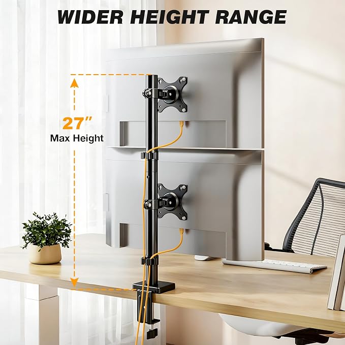 5Rcom Vertical Dual Monitor Mount, Stacked Monitor Stand for 2 Monitors with Height Adjustment, Computer Monitor Arm Supports Two 17 to 35 Inch with C Clamp & Grommet Desk Mount, Each Hold up to 27lbs - Image 5