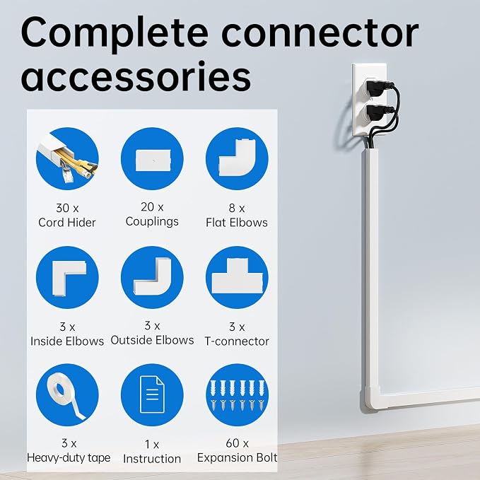 Delamu Cord Hider, 471in Total Cord Covers for Wires on Wall, Paintable Cable Cover for Wall Mounted TV, Easy Install Cable Raceways to Hide 2-3 Cords, 30 Pack, Each 15.7"L x 0.95"W x 0.55"H, White - Image 3