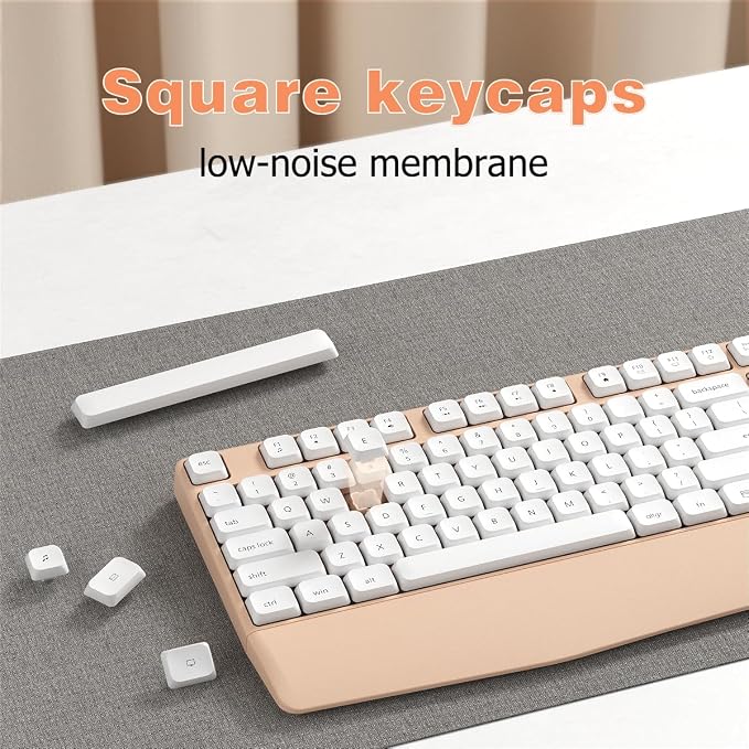 Ergonomic Wireless Keyboard and Mouse Combo with Wrist Rest, White Milk Tea | COVEVA Full Size Keyboard with 12 Dedicated Shortcuts, Smart Auto-Sleep, 2.4GHz Receiver, Natural Typing for PC Laptop - Image 3