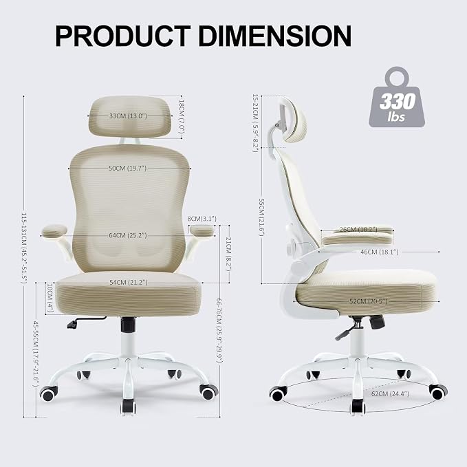 Ergonomic Office Chair,Ultra Thick Spring Cushion Desk Chair,Khaki | Adjustable Lumbar Support and Headrest,Flip-up Arms,Rocking Function,Mesh Home Office Computer Chair - Image 2