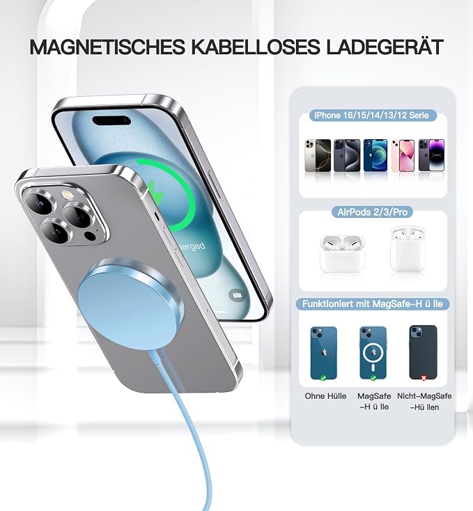 OANDYS Magnetic Wireless Charger 15W Fast Mag Safe Charger for 16/15/14/13/12 Series 2 Pack 5ft Cable Wireless Charging Pad for AirPods 3/2/Pro 2/Pro Mag-Safe Original Replacement - Image 5