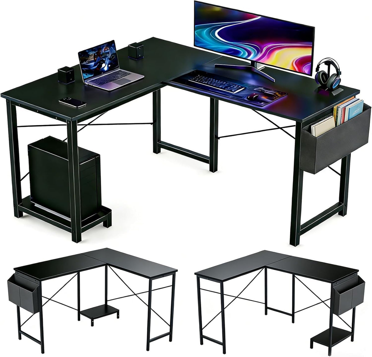 L Shaped Desk, 50 Inch Reversible Computer Desk Corner Gaming Table with CPU Stand & Storage Bag, Sturdy Metal Frame PC Workstation for Home Office, Black Wood by SageNest