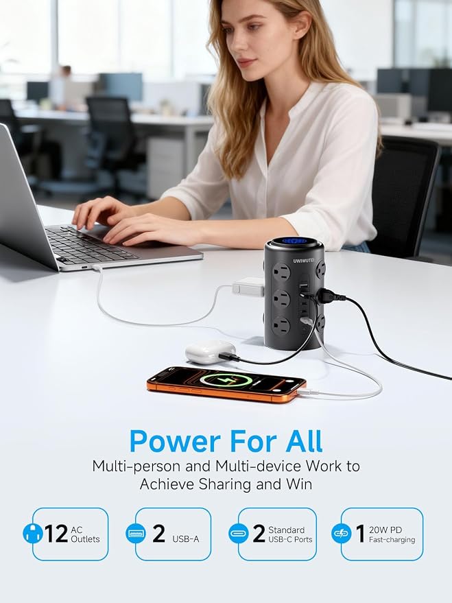 Tower Power Strip with 1 Dedicated PD 20W Fast-Charging Port, 12 Outlets, 5 USB Ports (3 USB-C), Desk Charging Station for Multiple Devices,10FT Extension Cord(Black) - Image 3