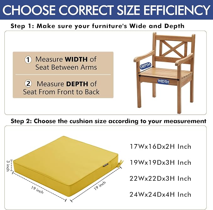 Outdoor Chair Cushions Set of 2, 22 x 22 x 3 Inch Deep Seat | Waterproof Patio Chair Cushions with Tie, Fade Resistant Cushions for Outdoor Furniture Garden Lawn, Yellow - Image 6
