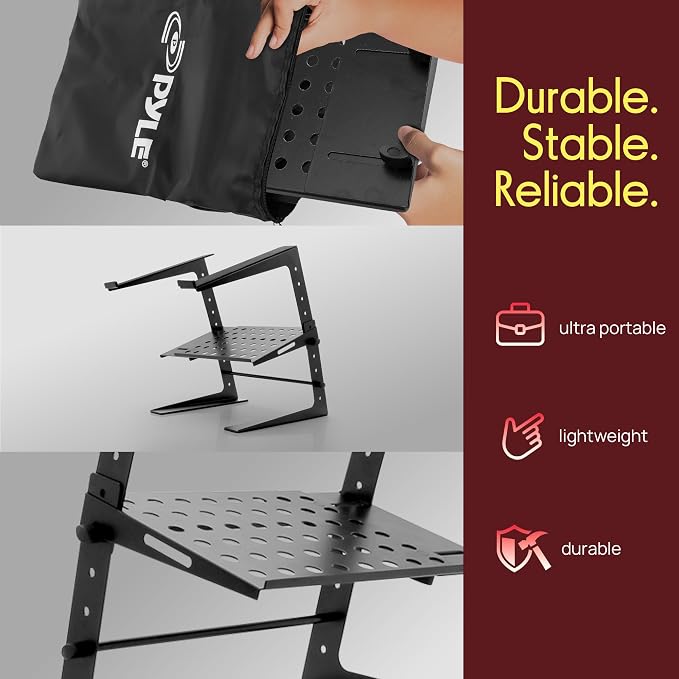 Pyle Adjustable DJ Laptop Stand with Two-Tier Storage Shelf – Portable Table for Laptop, CD Player, DJ Controller, EFX/Lighting Gear, 4 Heights, Durable, 8 lb Capacity - Image 3