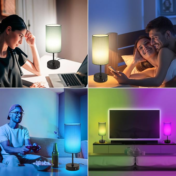 Table Lamp for Bedroom, 3 Color Temperatures, 7 RGB Colors, Adjustable Brightness, Dual USB Charging Ports, Ambience Nightstand Light with Blue Shade, Desk Lamp for Kids Reading Home Office - Image 9