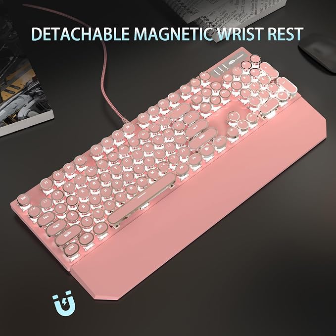 Camiysn Typewriter Style Mechanical Gaming Keyboard, Pink Retro Punk Gaming Keyboard with White Backlit, 104 Keys Blue Switch Wired Cute Keyboards, Round Keycaps for Windows/Mac/PC - Image 6