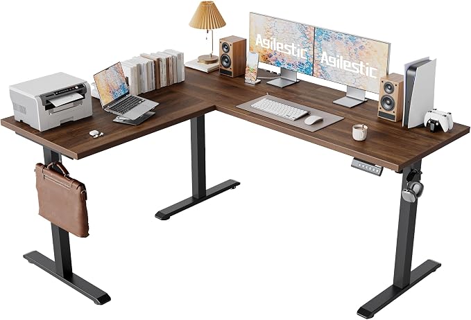 Agilestic L Shaped Standing Desk Adjustable Height, 59 Inch, Dark Walnut | Electric Height Adjustable, Spacious Corner Desktop, Sturdy Steel Frame, Memory Presets, 176 lbs, Splice Board by Agilestic