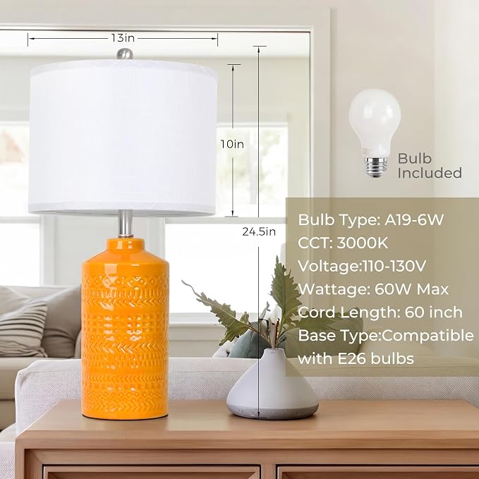 JUNNAI 25" Modern Orange Ceramic Table Lamp for Living Room Nightstand 3-Way Dimmable Farmhouse Lamp for Bedroom Bedside Entryway Tabletop Office with White Slub Fabric Lampshade (Bulb Included) - Image 4