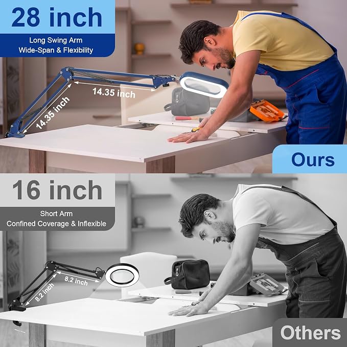 14.35" Large Magnifying Glass with Light and Clamp, Real Glass, 5 Color Modes, Stepless Dimmable, Lighted Magnifier with Stand Hands Free, LED Swing Arm Desk Lamp for Close Work, Craft, Blue - Image 6