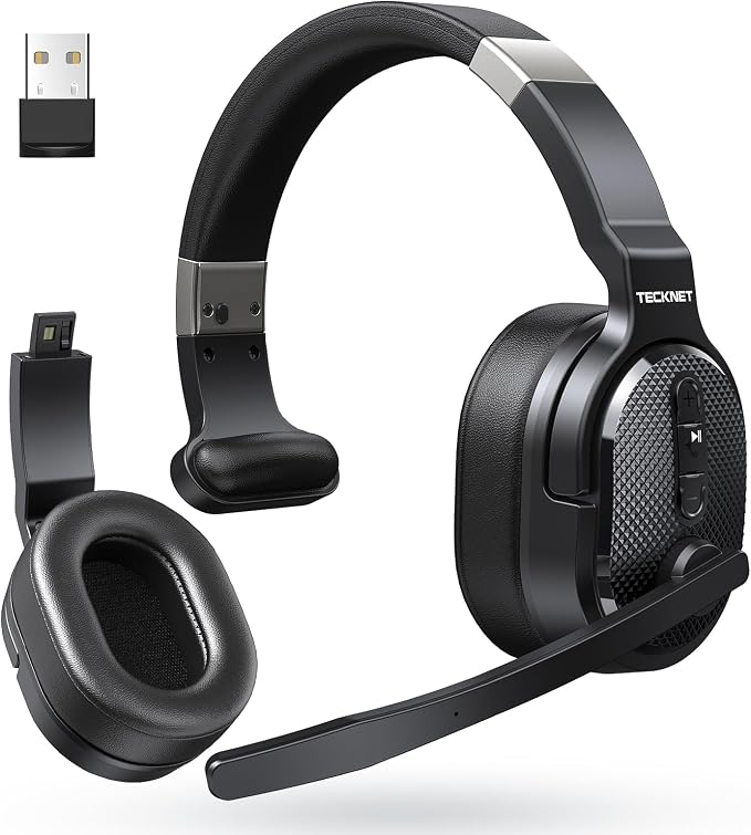 TECKNET Bluetooth Trucker Wireless Headset, Noise Cancelling Mic for Work | Single & Dual Ear, 50Hrs Battery, 3 EQ Music Modes, Clear Mic Wireless Headset for PC, Truck Drivers, Office & Call Center by Tecknet