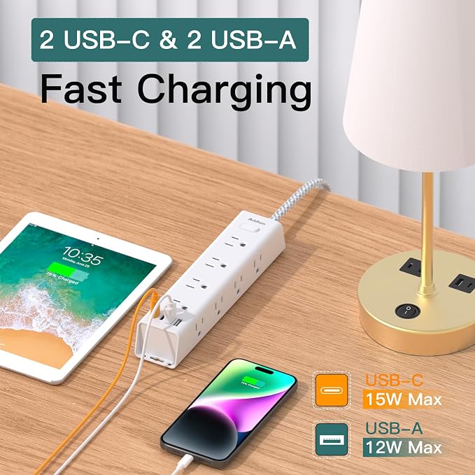 Surge Protector Power Strip - 10 FT Extension Cord with 12 AC Outlets 4 USB | Flat Plug Power Strip Wall Mount Overload Protection, 1050J, Desk Charging Station for Home Dorm Room Office, ETL Listed - Image 4