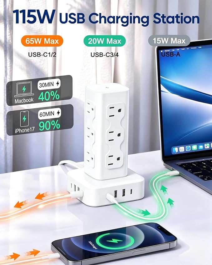 Power Strip Tower Surge Protector(2000J), PD65W Charging Station Tower with 12 AC Outlets & 8 USB Ports (4 USB C), 6FT Extension Cord for Home Office Dorm, White - Image 2