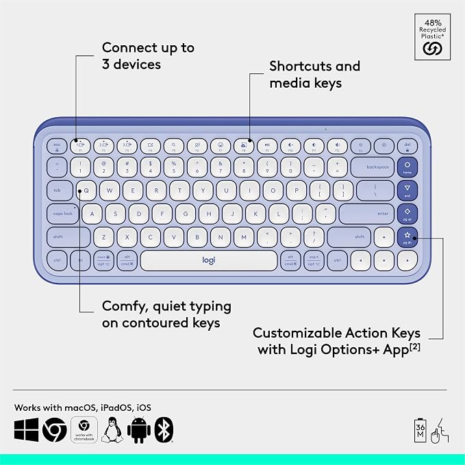 Logitech POP ICON Keys Wireless Bluetooth Keyboard - Lilac and Off-White | Comfortable typing, programmable keys, easy-switch between up to 3 devices, for laptop, tablet, PC - Image 6