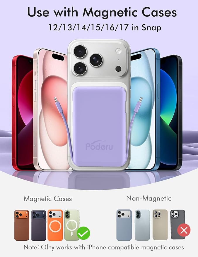 podoru for Magsafe Power Bank, 10000mAh Magnetic Portable Charger | Built-in Double USB-C Cables, 20W PD Fast Charging Wireless Battery pack for iPhone 17/16/15/14/13/12 Series-Purple - Image 6