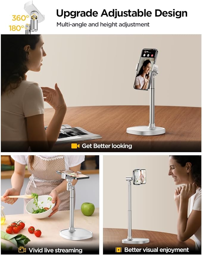 DIMONCOAT Phone Stand for Desk Angle Height Adjustable Phone Holder iPhone | Aluminum Alloy Universal iPhone Holder, Retractable Cell Phone Stand Recording Office for iPhone 17 16 15 Pro Max S26 -White - Image 4