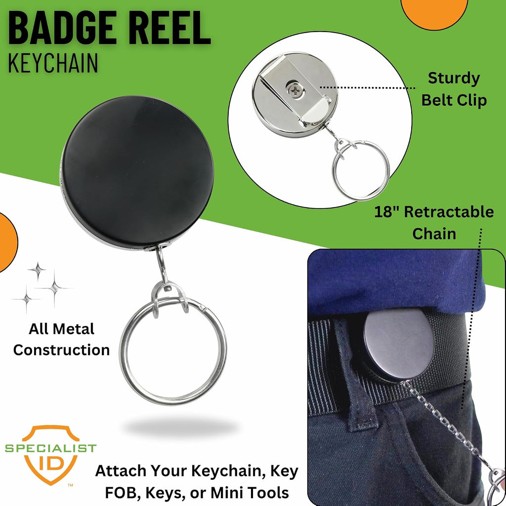 Bulk 25 Pack - Heavy Duty All Metal Badge Reel with Chain Link Retractor Pull & Split Key Ring - Retractable Keychain by Specialist ID (Black/Silver) - Image 3