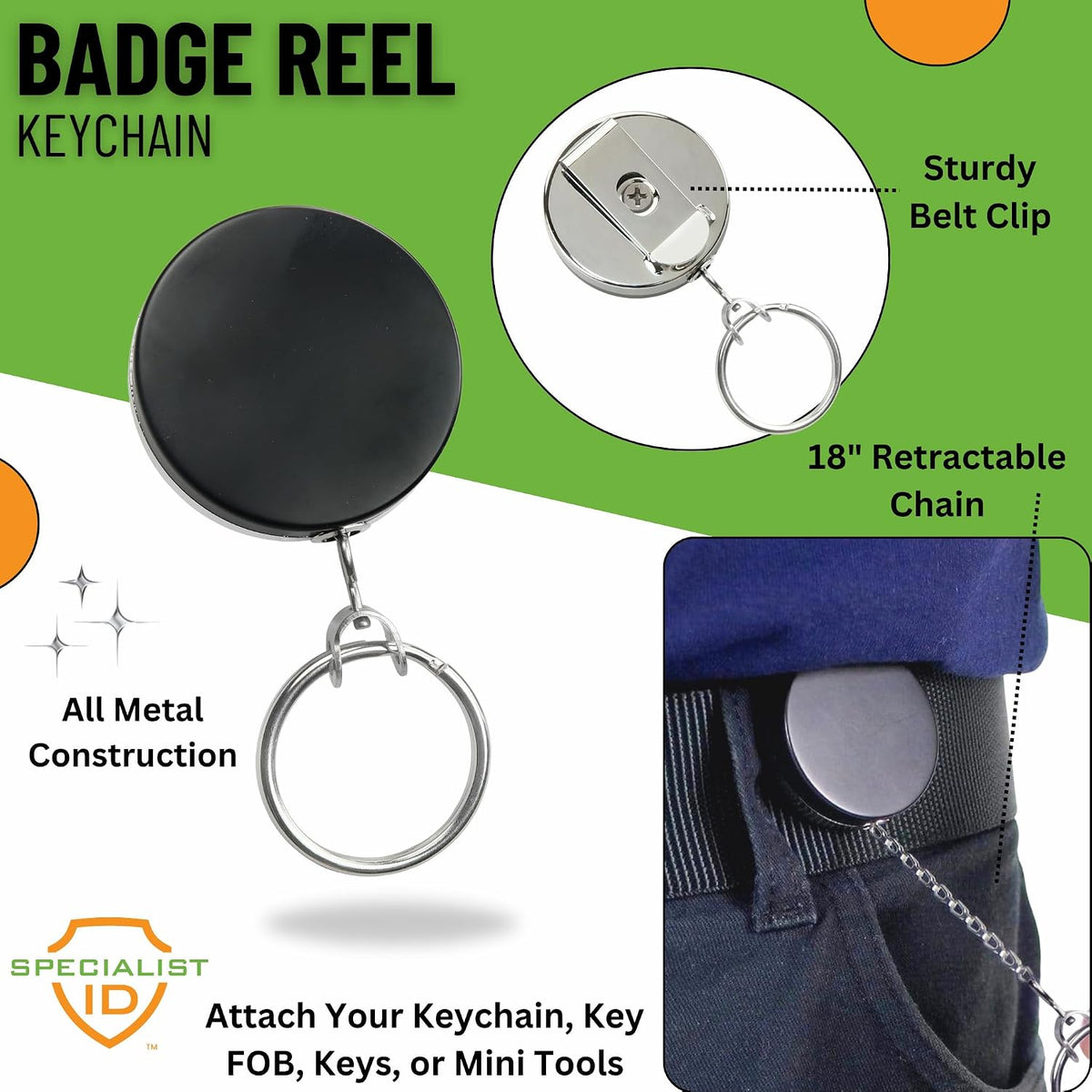 Bulk 25 Pack - Heavy Duty All Metal Badge Reel with Chain Link Retractor Pull & Split Key Ring - Retractable Keychain by Specialist ID (Black/Silver) - Image 3