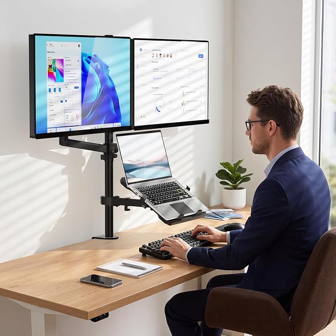 WALI Triple Arm Laptop and Dual Monitor Desk Mount for 17" Notebook and Up to 32" Screens, Adjustable Monitor Arms with Tilt Swivel Rotation, VESA 75x75 100x100, Black (GSDM003LP) - Image 6