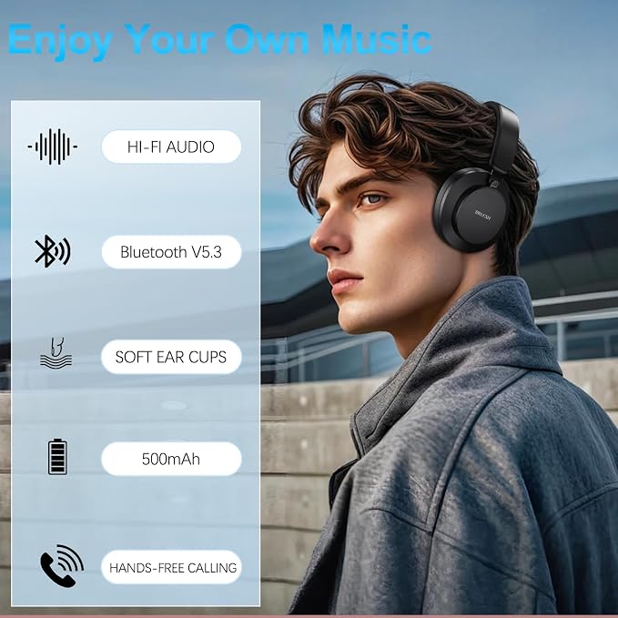 Over Ear Headphones Wireless Bluetooth, Noise Cancelling Headphones Bluetooth with Microphone, Cancelling Wireless Headphone Over Ear, 65h Playtime, Clear Calls, Comfort Fit For Travel (Black) - Image 7