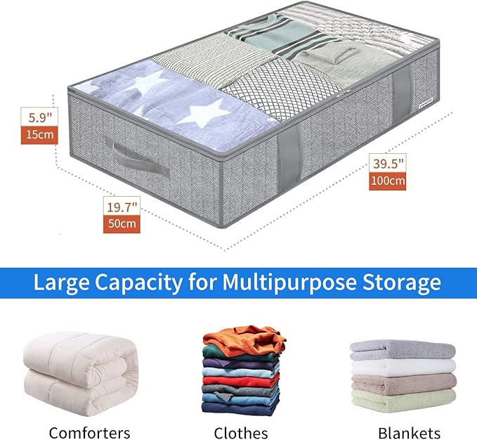 Onlyeasy Underbed Storage Bags Organizer, 4 Pack Large Capacity Under Bed Storage Containers with Reinforced Handles, Foldable Fabric Storage Bins with Clear Window, Herringbone Grey, 7MXRUBBP4 - Image 2