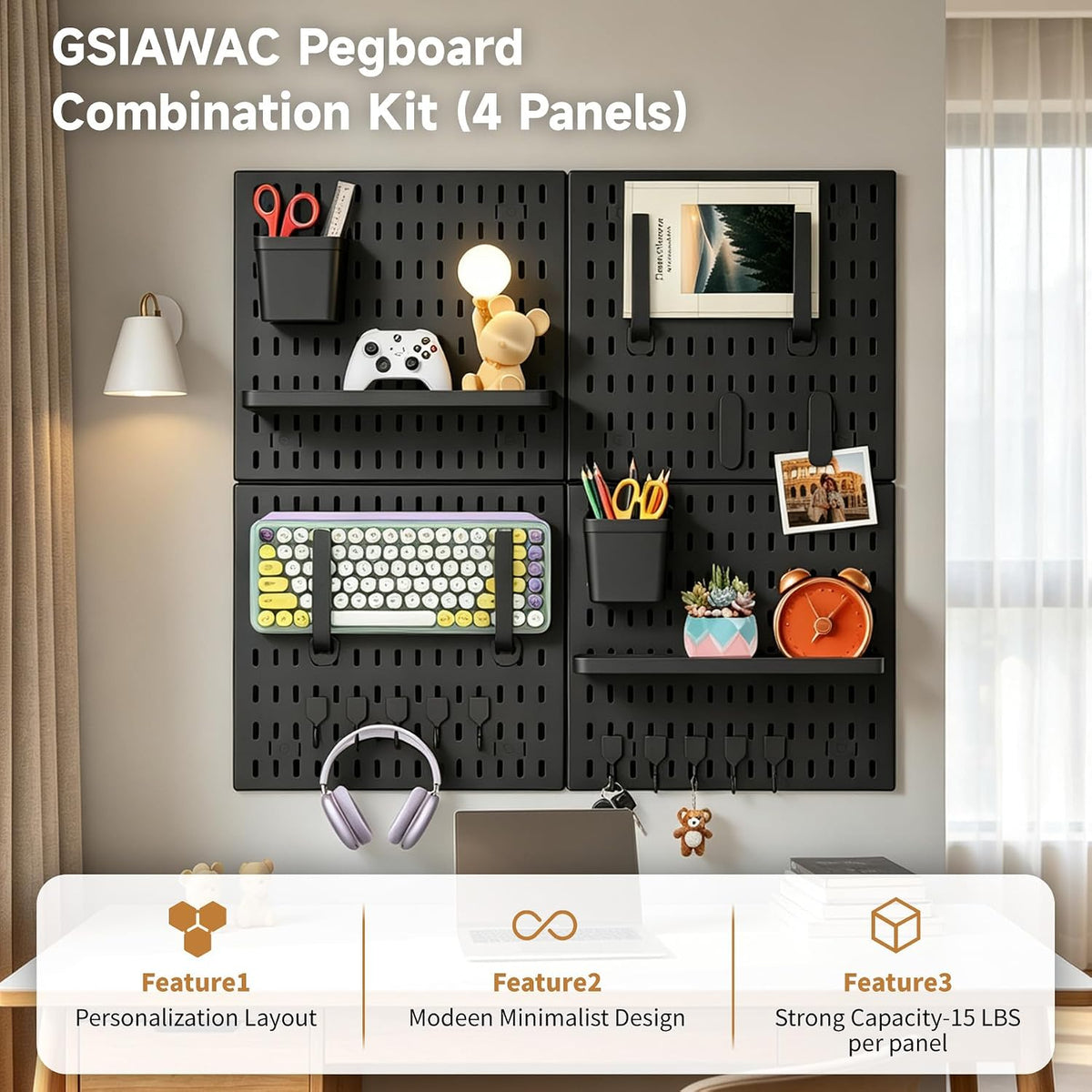 4 Pack Black Pegboard Panels Kit Wall Organizer and 22 Accessories - Image 7