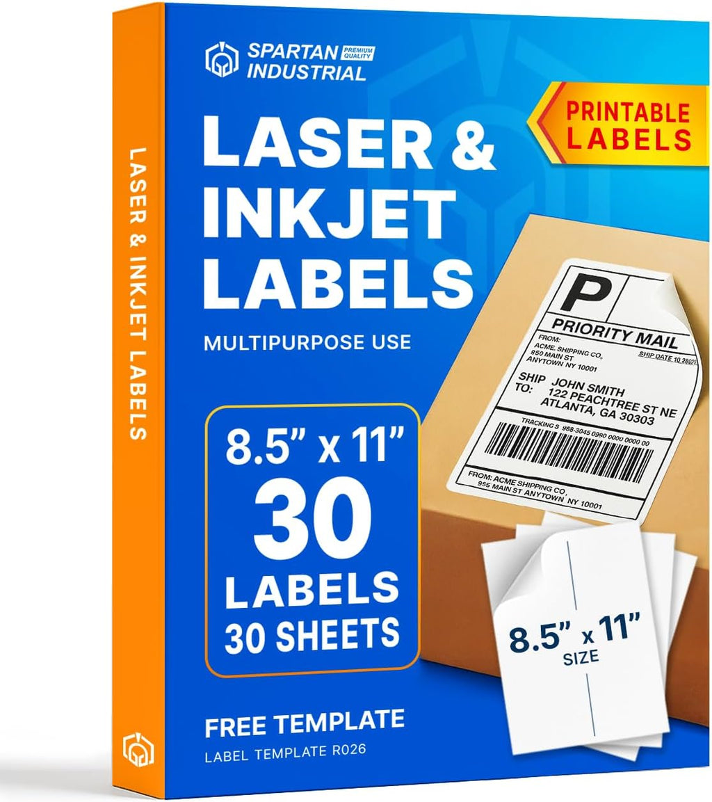 8.5" X 11" Matte White Full Sheet Labels (30 Sheets, 30 Stickers) by Spartan Industrial