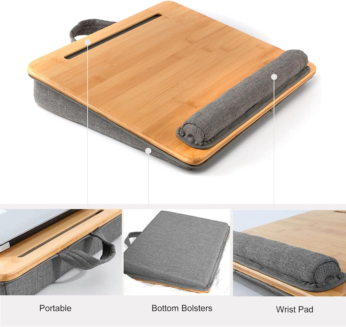 Bamboo Lap Desk for Laptop with Cushion Tablet Phone Holder Handle - Image 6
