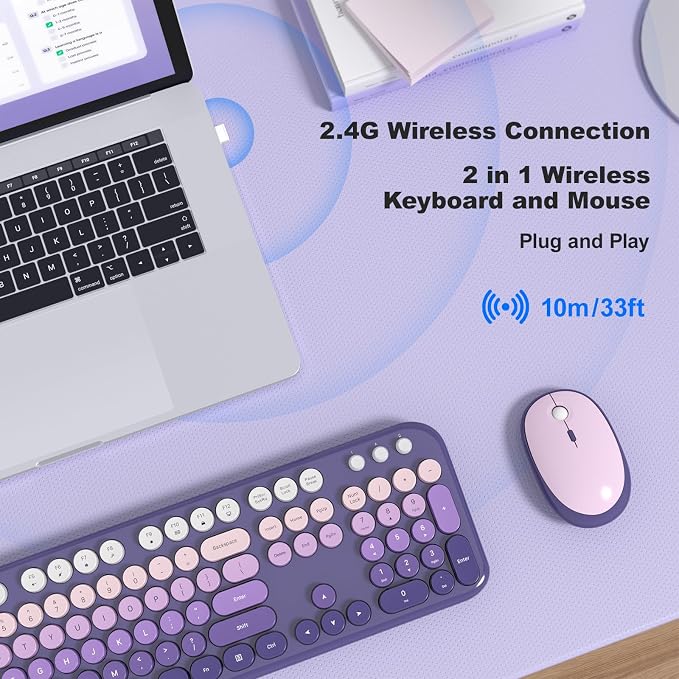 MOFII Wireless Keyboard and Mouse Combo,2.4G Typewriter Keyboard Quiet Mice | Retro Full Size Computer Keyboards, Cute Mouse, USB Dongle Plug and Play, for PC,Laptop,Desktop,Windows (Purple Gradient) - Image 2