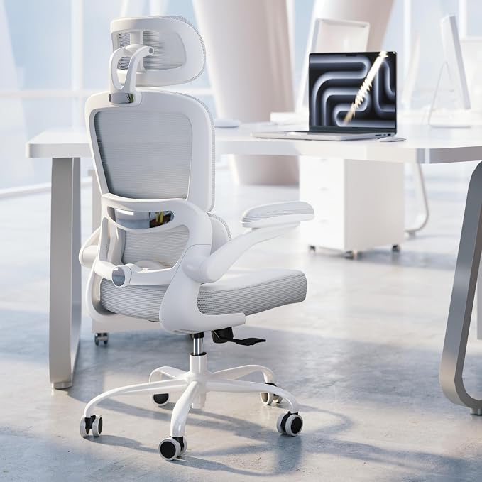 TRALT Ergonomic Office Chair Desk Chair with Adjustable Lumbar Support | Home Office Desk Chairs with Flip-up Armrests & 3D Headrest - Mesh Gaming Chairs for Adults, 330lbs, PU Leather (White, 1) by TRALT