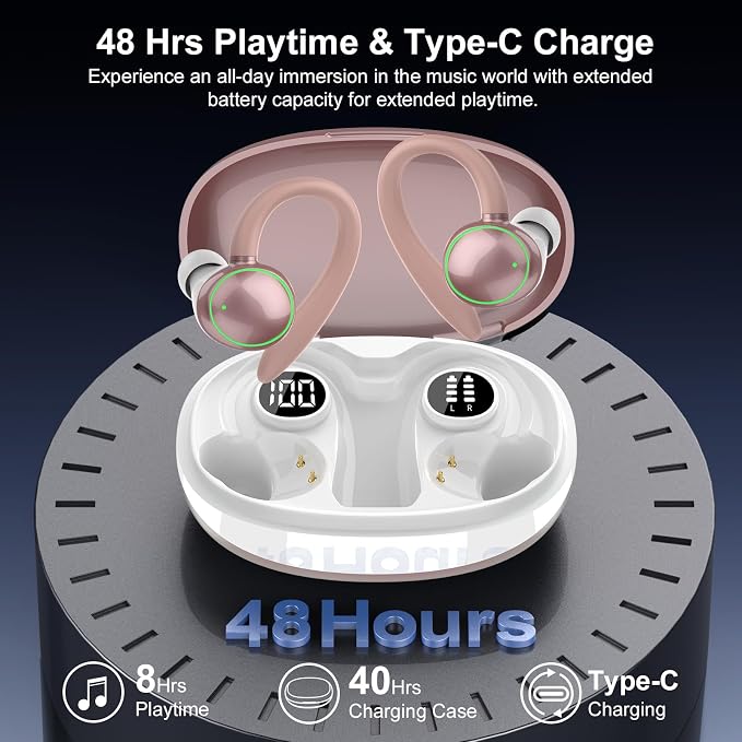 Wireless Earbuds, Bluetooth 5.4 Headphones Sport Over Ear Buds With ENC Mic | ENC Noise Cancelling Mic,48H, Wireless Earphone With Earhooks, Stereo Deep Bass, IP7 Waterproof for Workout Running,Rose Gold - Image 4