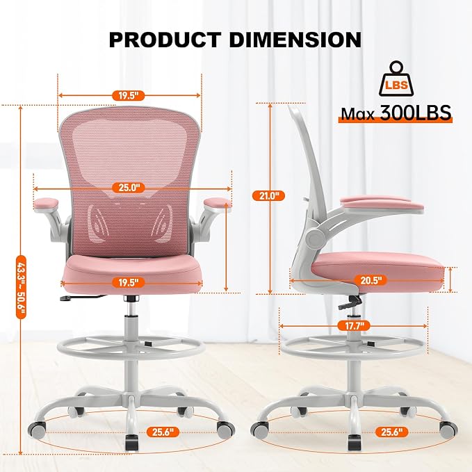 Ergonomic Tall Drafting Chair-Mesh Desk Chair with Flip-Up Arms | Adjustable Height,Lumbar Support,Adjustable Footrest Ring,Standing Desk,Breathable Backrest - Image 3