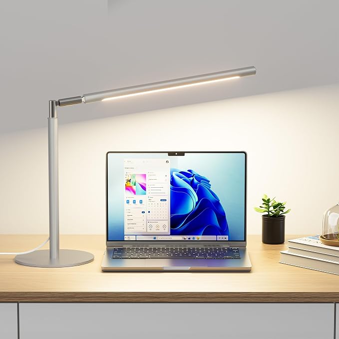 Silver LED Desk Lamp, 16" Dimmable Metal Desk Light with Base, 15W 1200LM, Adapter Included, Color & Brightness Adjustable, Modern Tall Table Lamp for Home Office Reading Study Task Laptop by SIBRILLE