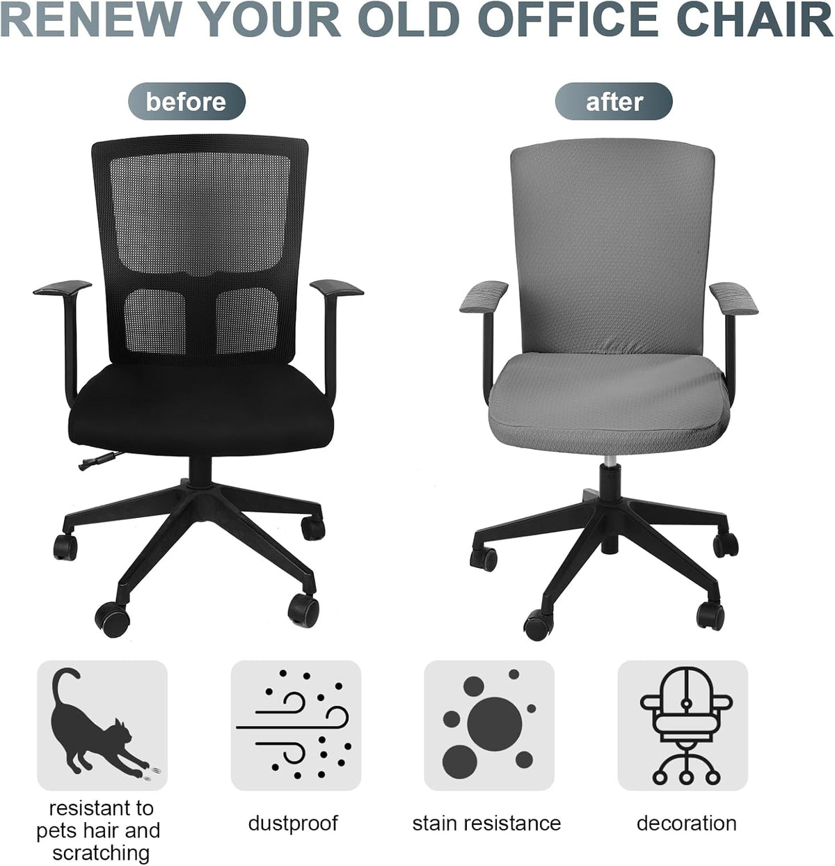 4 Pcs Office Chair Covers Set Computer Armrest Slipcover Seat, Gray - Image 3