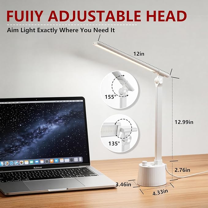 BOHON Small Desk Lamp with USB C Charging Port 5 Colors Stepless Dim White | Reading Light Space-Saving Rotating Head Desk Lamp for Home Office College Dorm Room Bedside Table Bedroom - Image 6