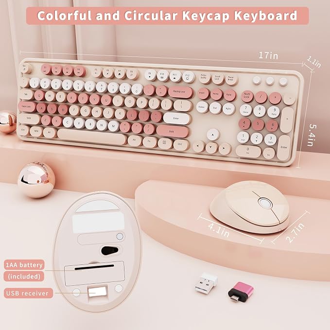 Wireless Keyboard and Mouse, Full-Size Typewriter Keyboard with Retro Round Keycaps, Ergonomic Design, Compatible with Windows PCs, Ideal for Home and Office. (Milk Tea) - Image 3