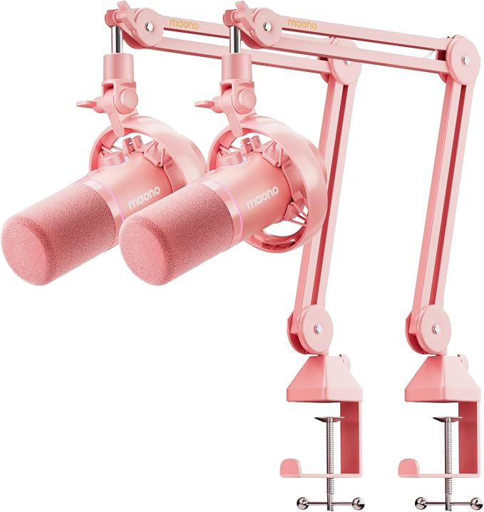 MAONO PD200W Hybrid Wireless Podcast Equipment Bundle for 2 | Dynamic XLR USB Microphone Kit with 2 Boom Arm, Software, Noise Cancellation, for Co-hosted, Content Creation, Recording,Pink by MAONO