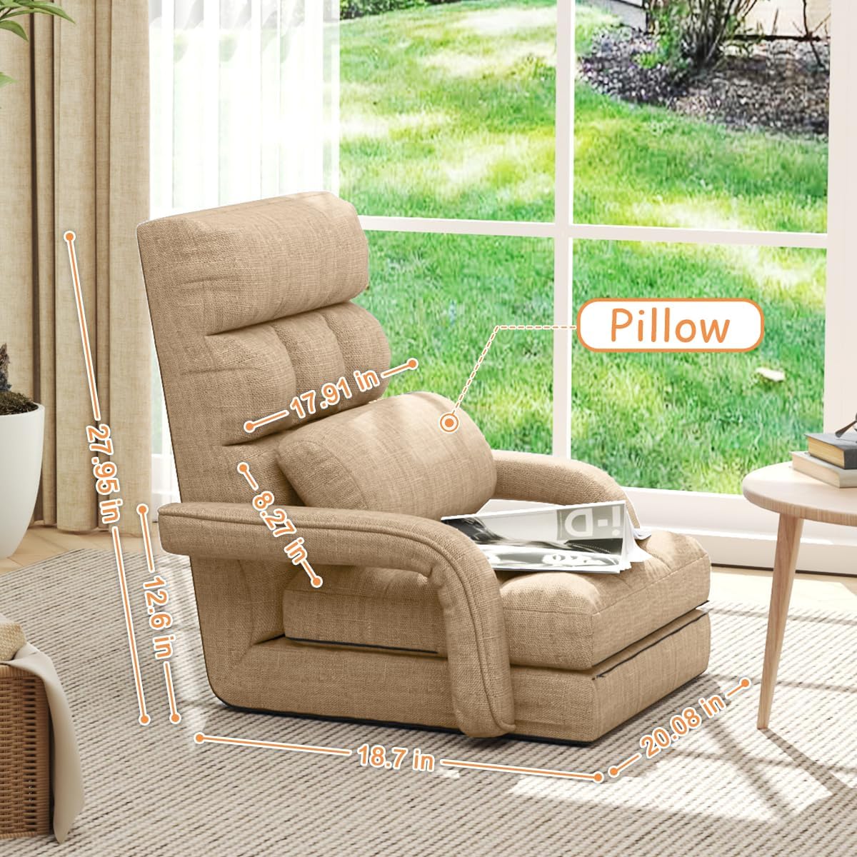 Floor Gaming Chair, 6 Position Adjustable Indoor Chaise Lounge Chair for Teens Adults, Padded Folding Meditation Sofa with Armrests and Pillow, Comfy Chair for Teens, Adults, Pets - Light Camel - Image 2